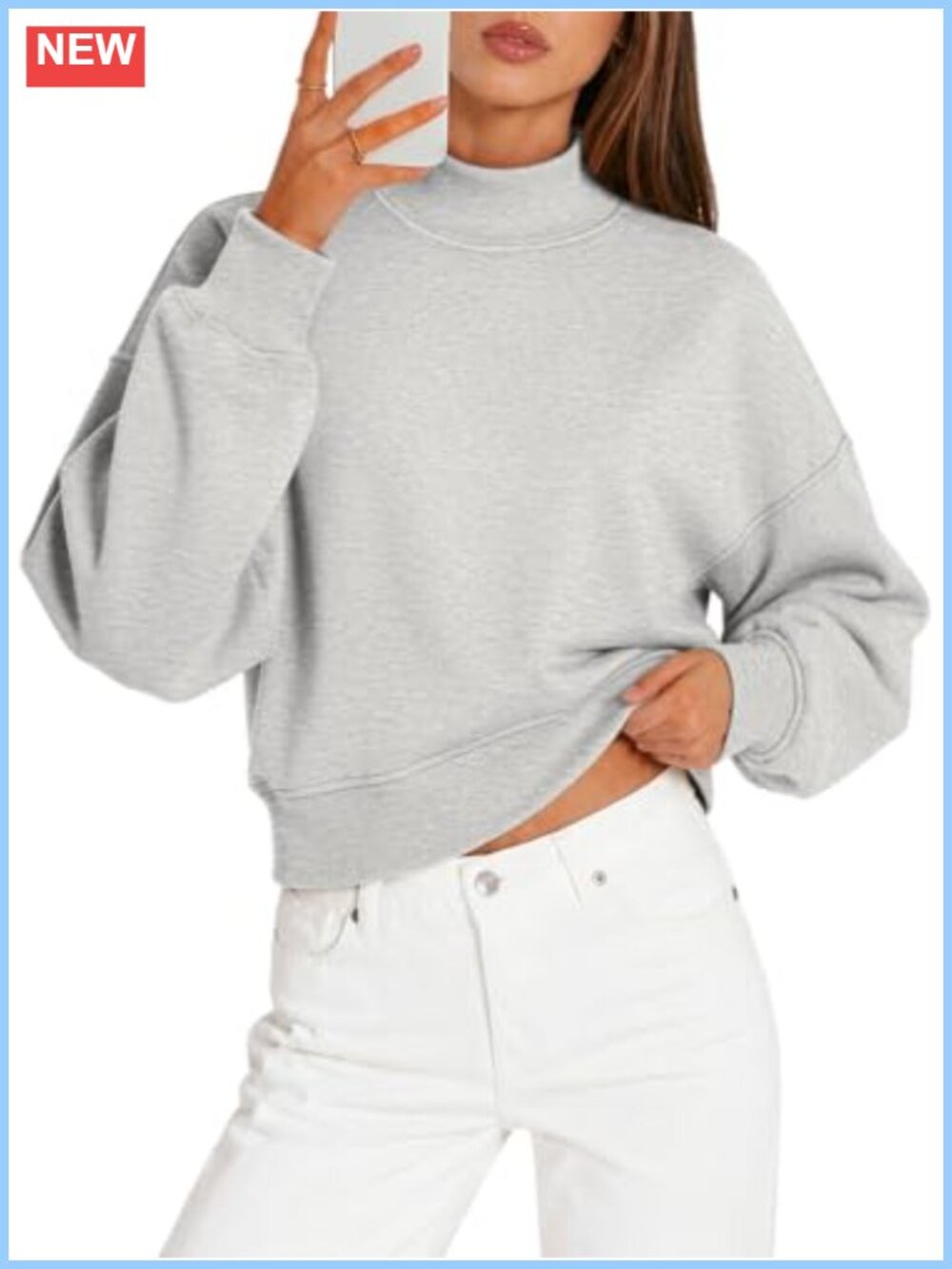 Womens Cropped Sweatshirt Mock Neck Long Sleeve Cotton Polyester Pullover